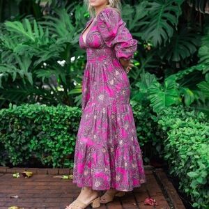 House of Harlow Puff sleeve Plunge V-Neck Open Back Smocked Maxi Dress Size M